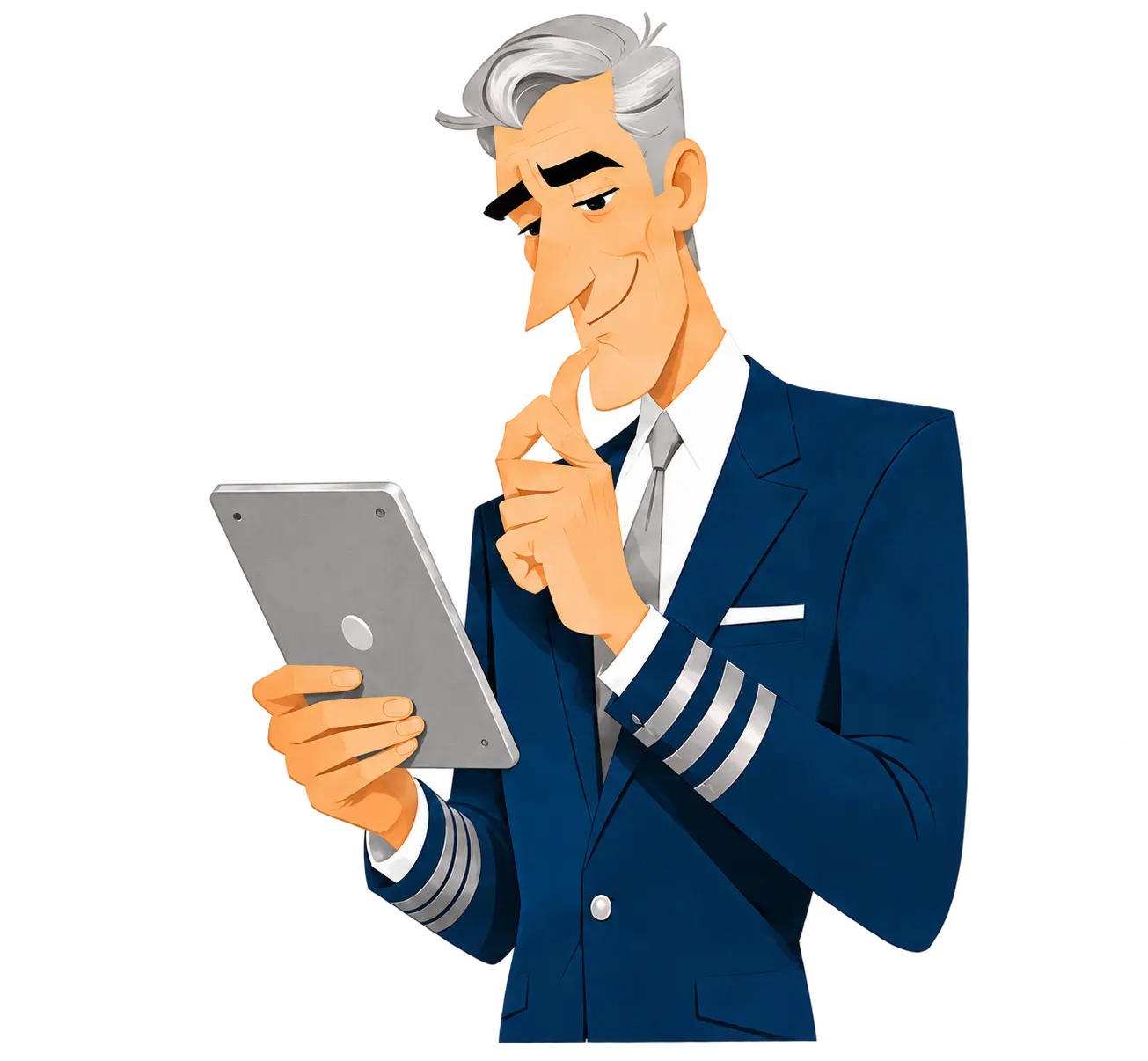 Captain Dave studying his tablet with a raised eyebrow
