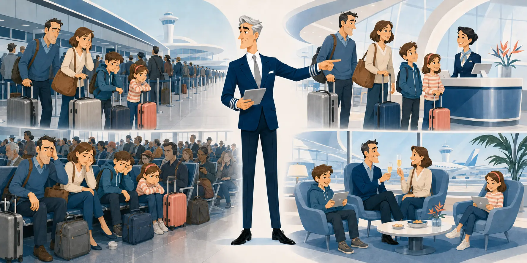 Captain Dave shows the same family enduring airport queues and a crowded gate, then enjoying calm check-in and an airline lounge.